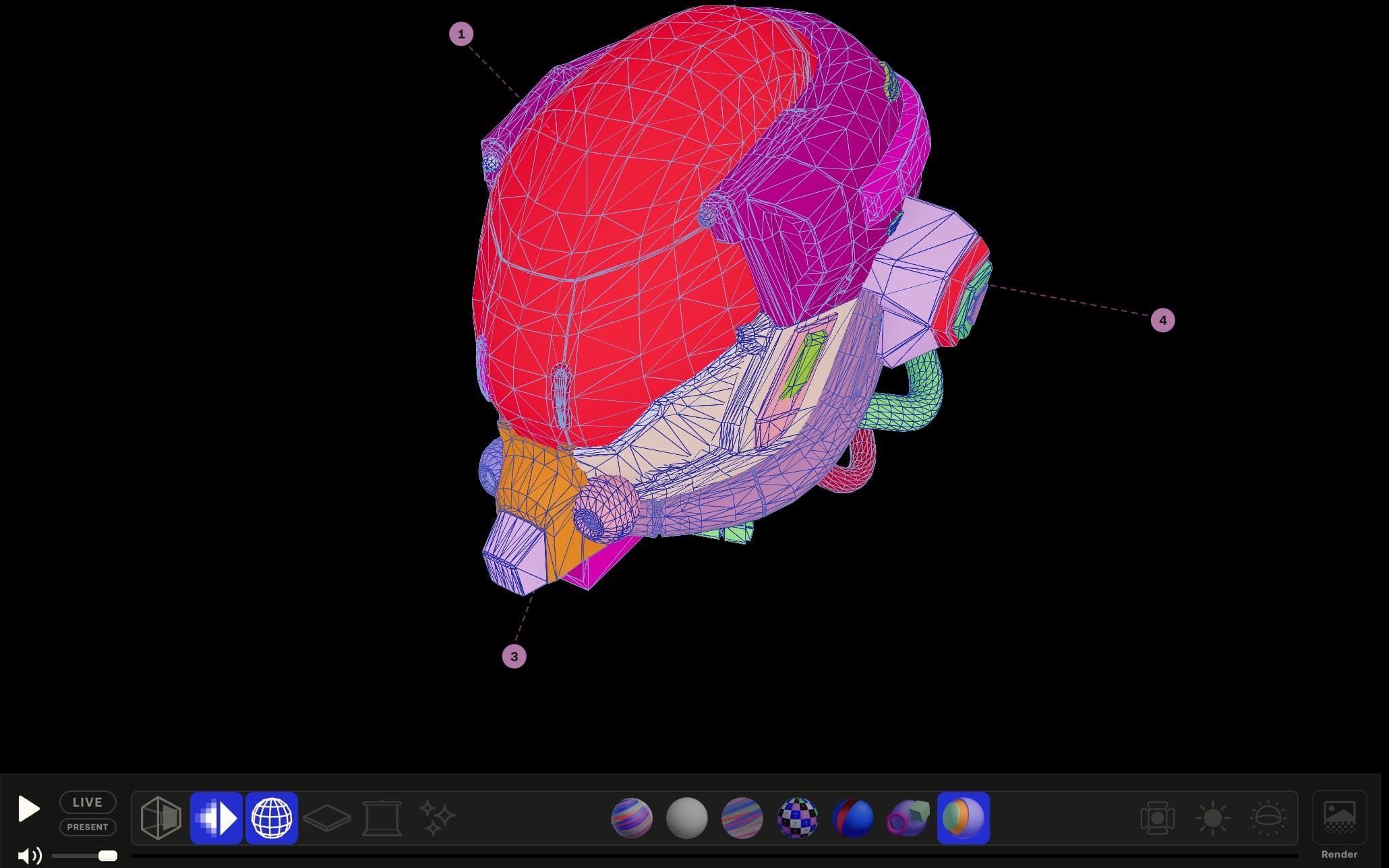 The same model in Elements mode — a colour per connected surface — with the wireframe overlay on, the mode lit on the tool row