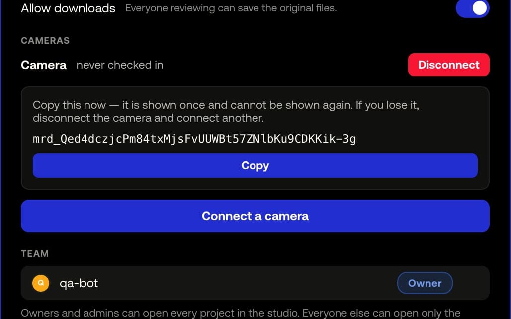 Project settings, Cameras: Connect a camera pressed, the mrd_ token shown once