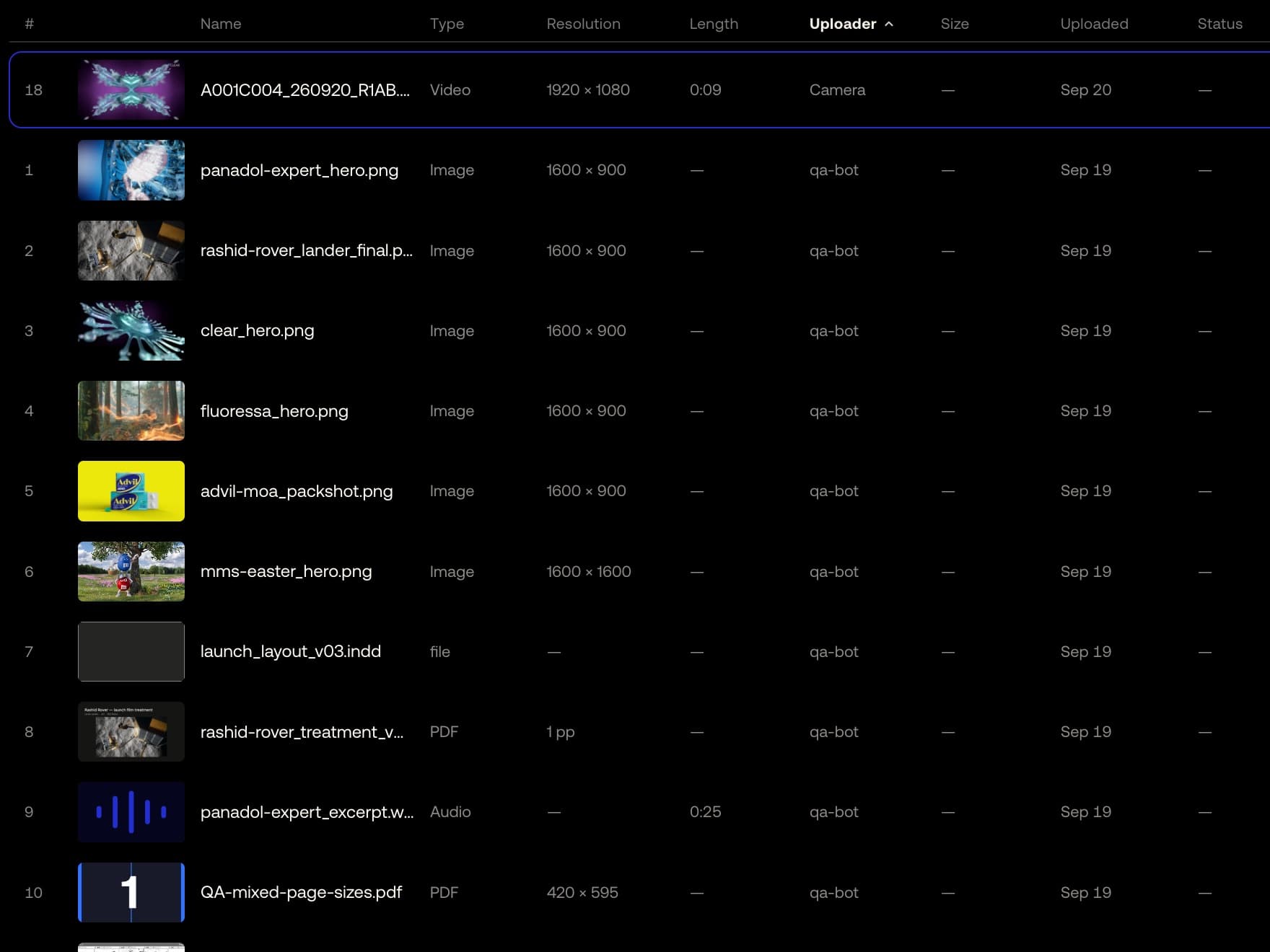 A camera-sent clip in the media list, encoded and playable, the Uploader column attributing it to the camera