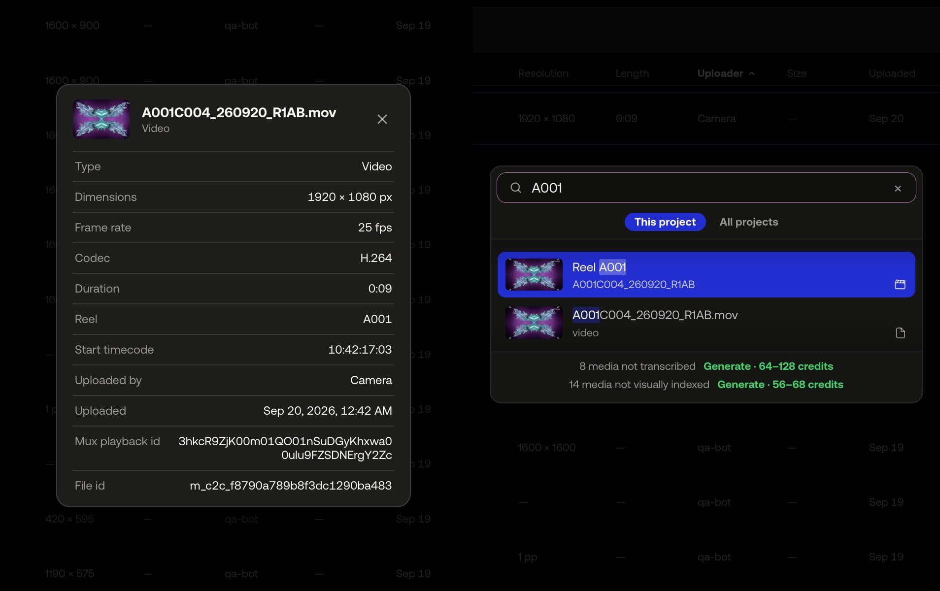 A clip's Info window listing its reel and start timecode; the search field finding the same clip by its reel
