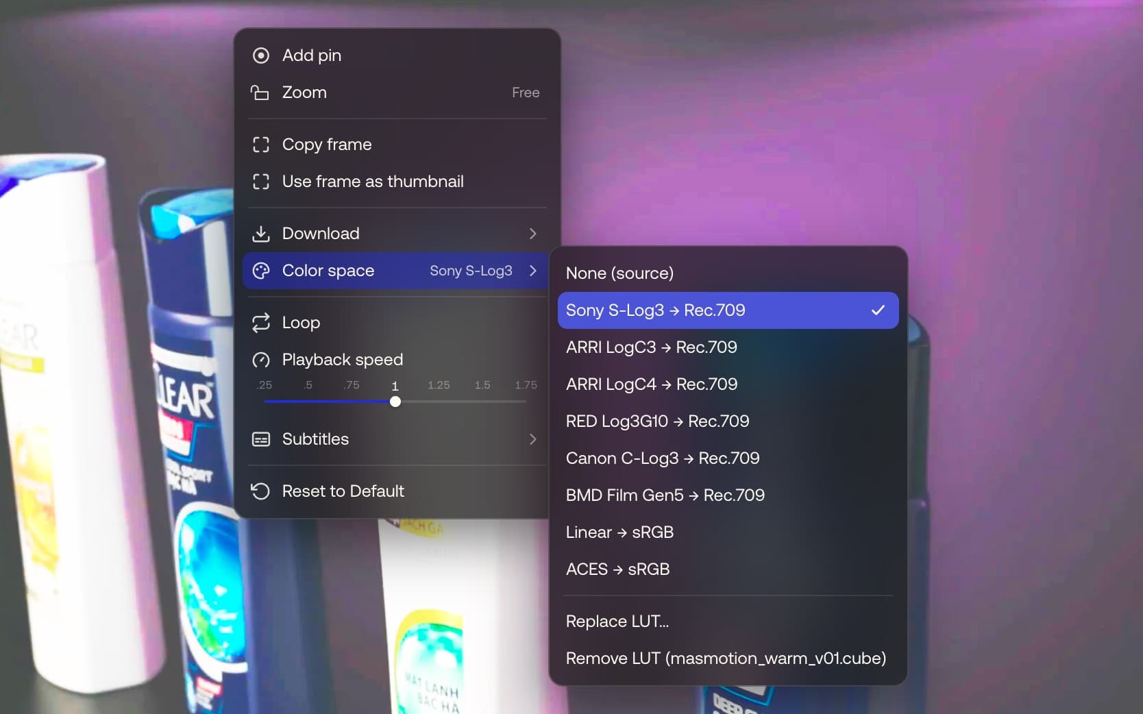 The Color space menu listing the six camera logs, then Linear and ACES, the chosen log ticked, with the loaded .cube LUT's Replace and Remove rows beneath