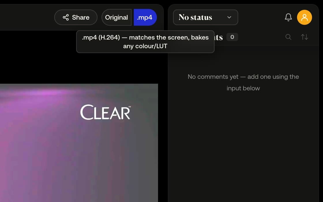 The Download capsule divided on a log clip — Original beside .mp4 — the .mp4 tooltip reading 'matches the screen, bakes any colour/LUT'