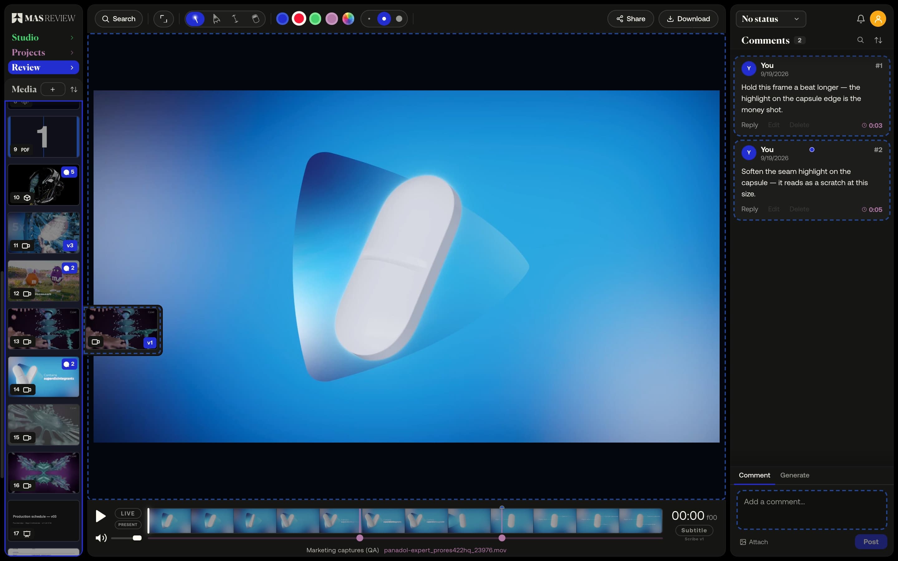 Five files (a MOV, a PNG, a .pptx, a WAV and a GLB) mid-drag over the media column — the column outlined solid where they would land, the clip under the pointer opening its version slot, the stage and the comment composer dashed as the other places a file can go