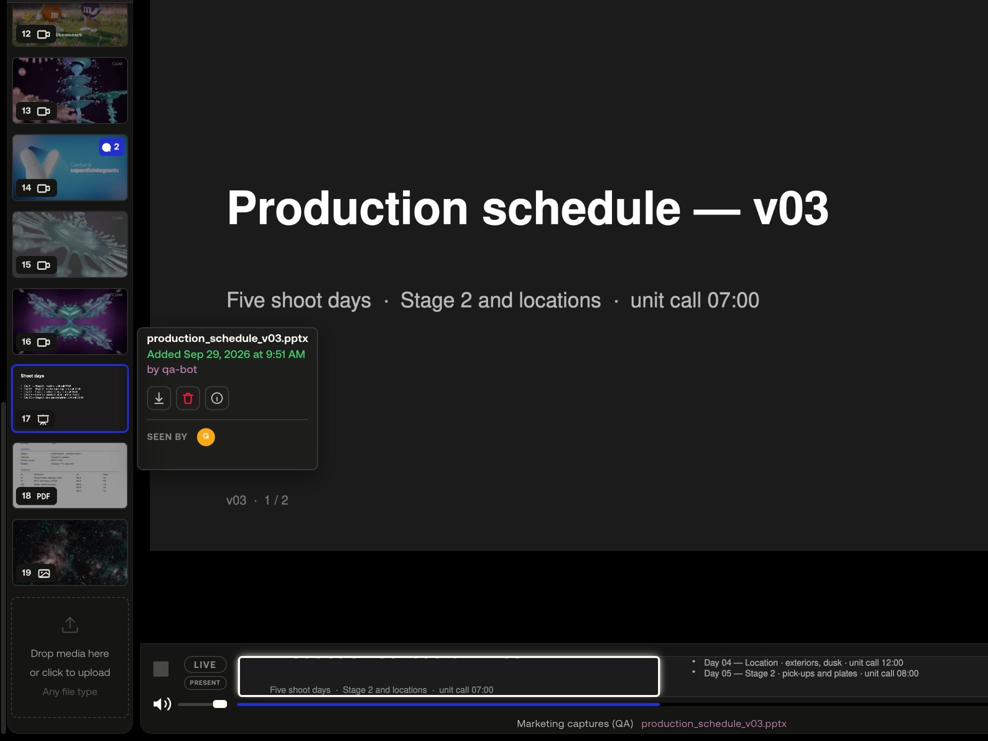 A .pptx open as its converted PDF page in the viewer, the media-column tile's hover card naming the original production_schedule_v03.pptx with Download, Delete and Info