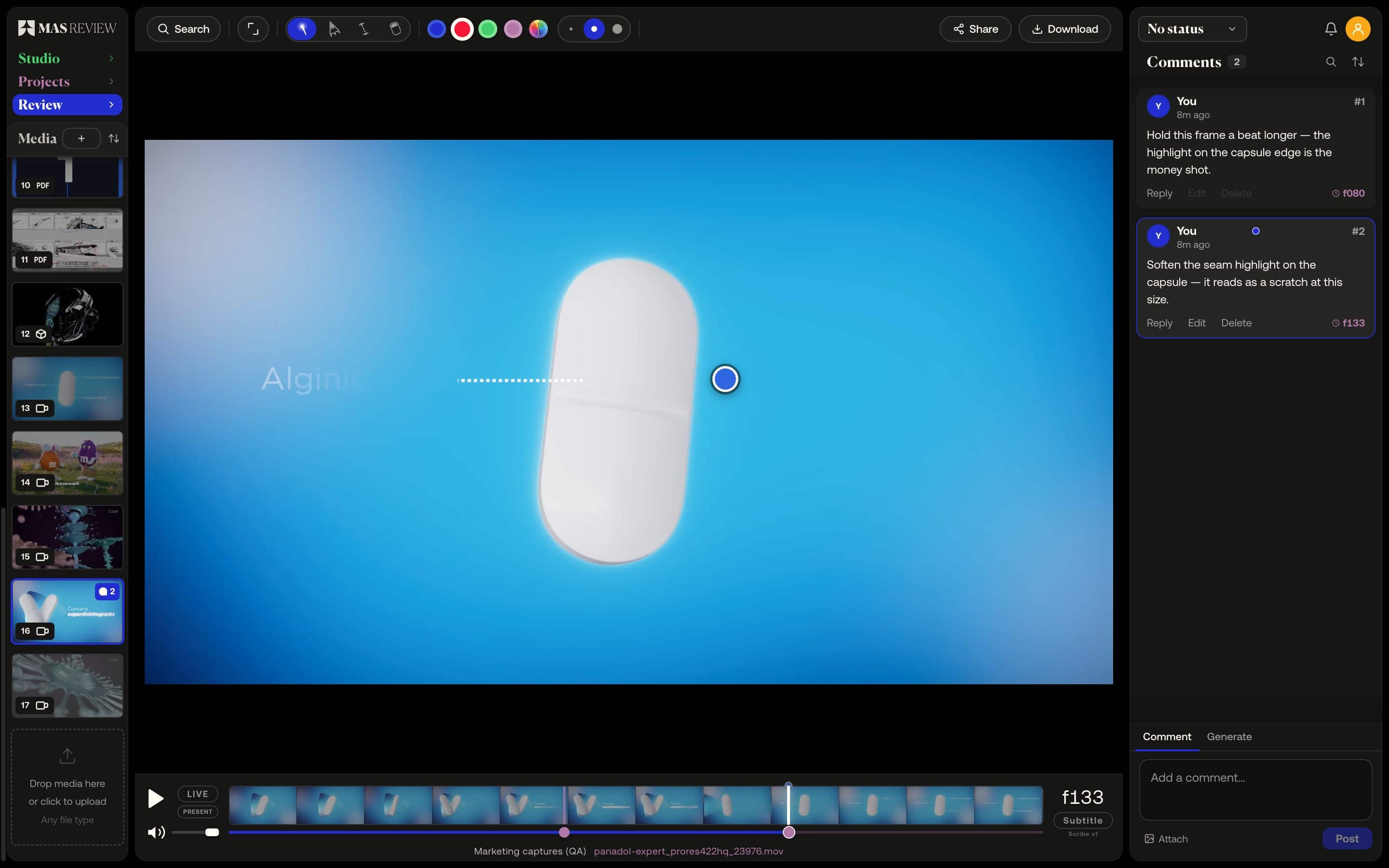 A copied comment link opened fresh: the clip on that frame, the comment selected, its pin revealed
