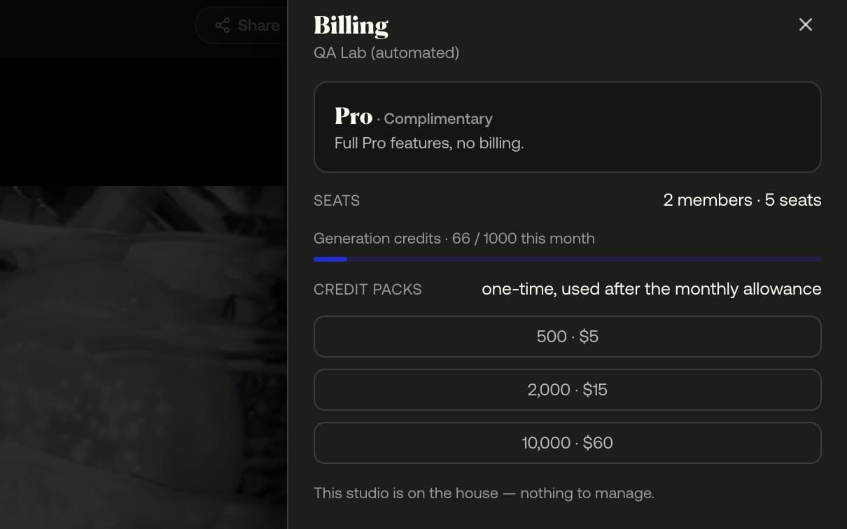 Billing's meter: Generation credits used this month against the allowance, the top-up credit packs listed beneath