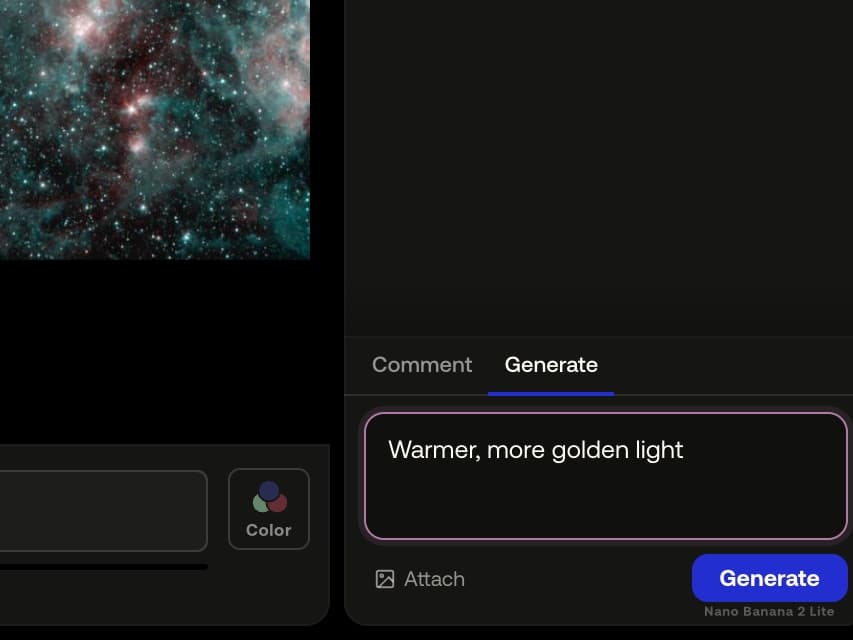 The composer switched to Generate, a prompt typed, the engine named under the button