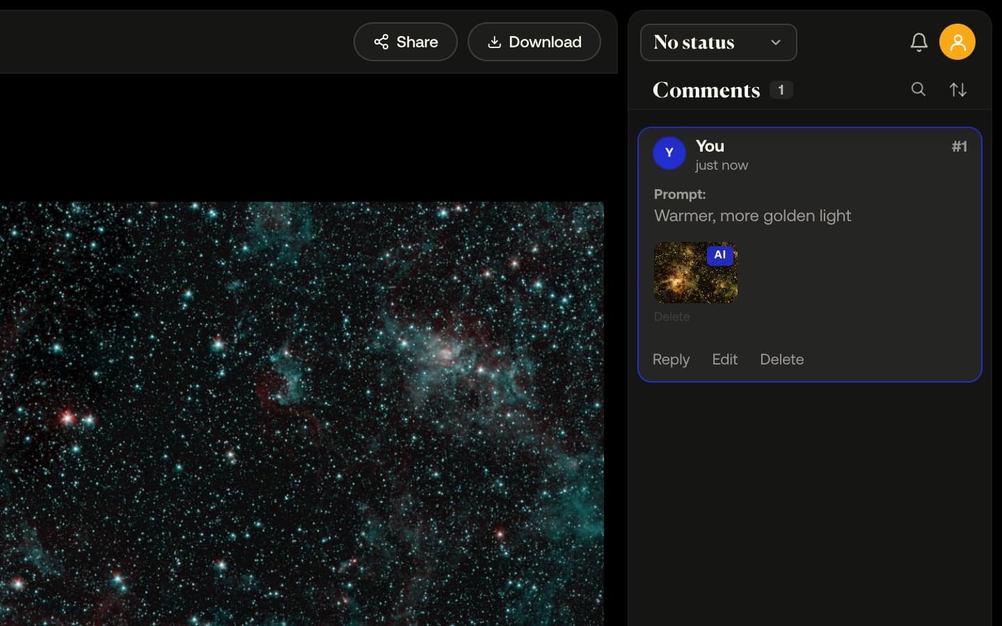 A generated frame posted as a comment at its frame, the prompt shown above the thumbnail