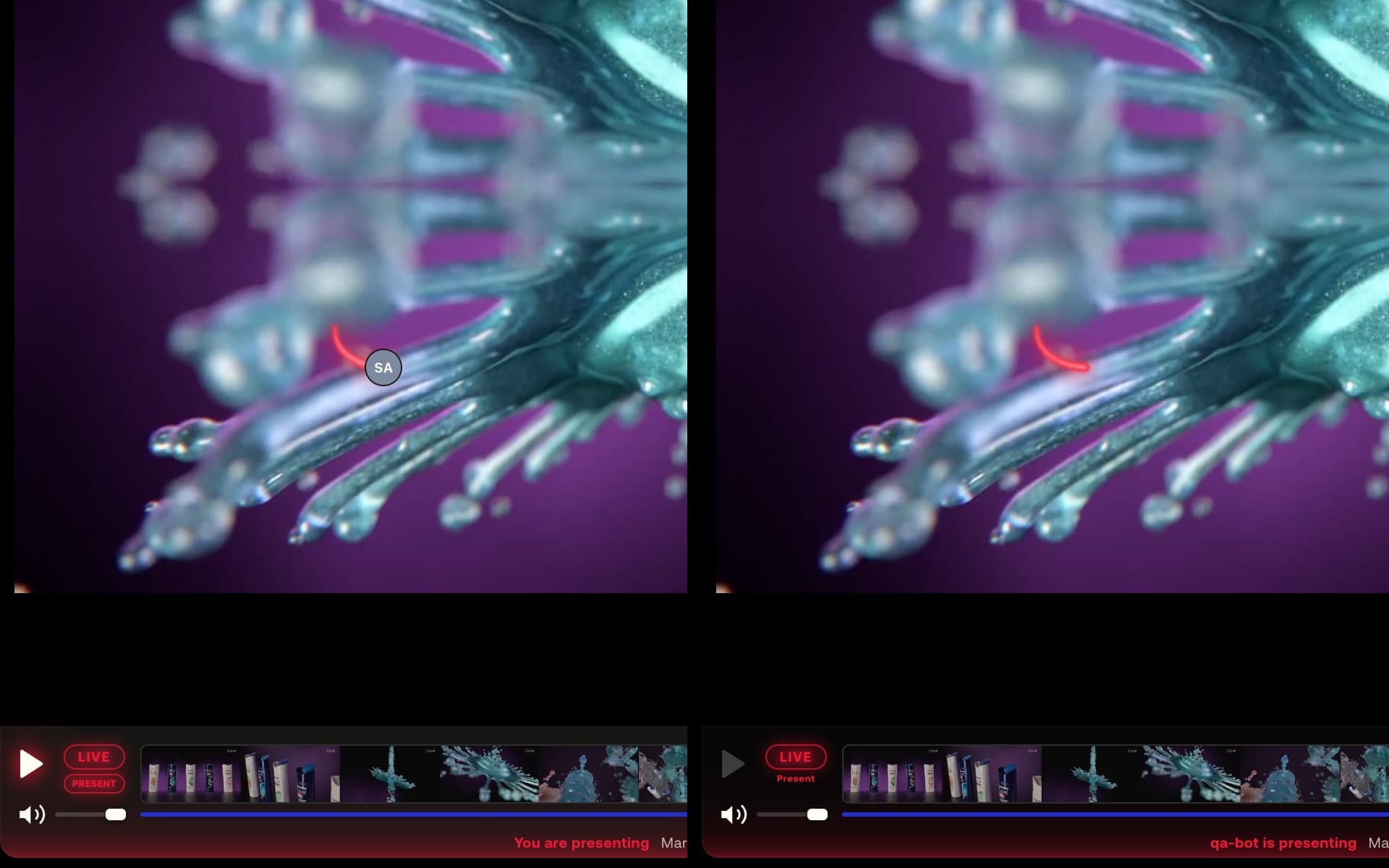 PRESENT lit under the LIVE chip on the presenter's screen, a viewer's transport held, their laser stroke on the frame