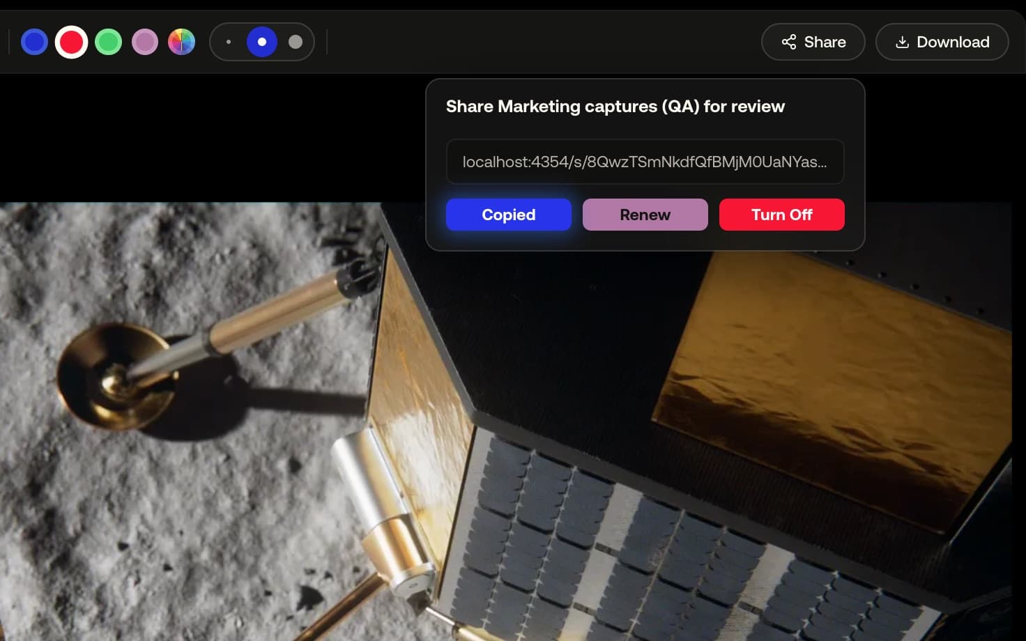 The Share panel with the link created and the Copy button reading Copied