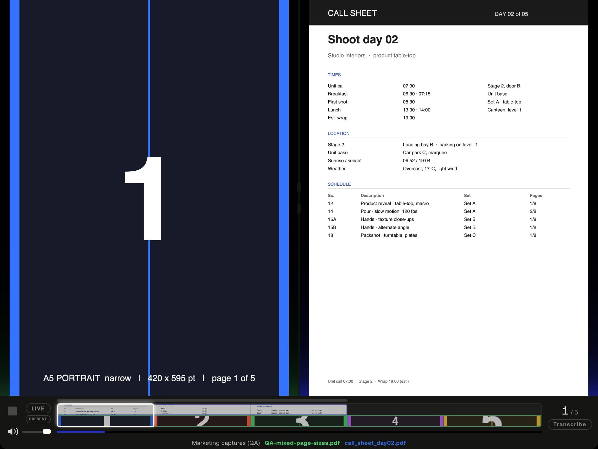 A five-page test PDF against a production call sheet PDF in compare — green and blue, both on page 1 — the timeline reading in pages