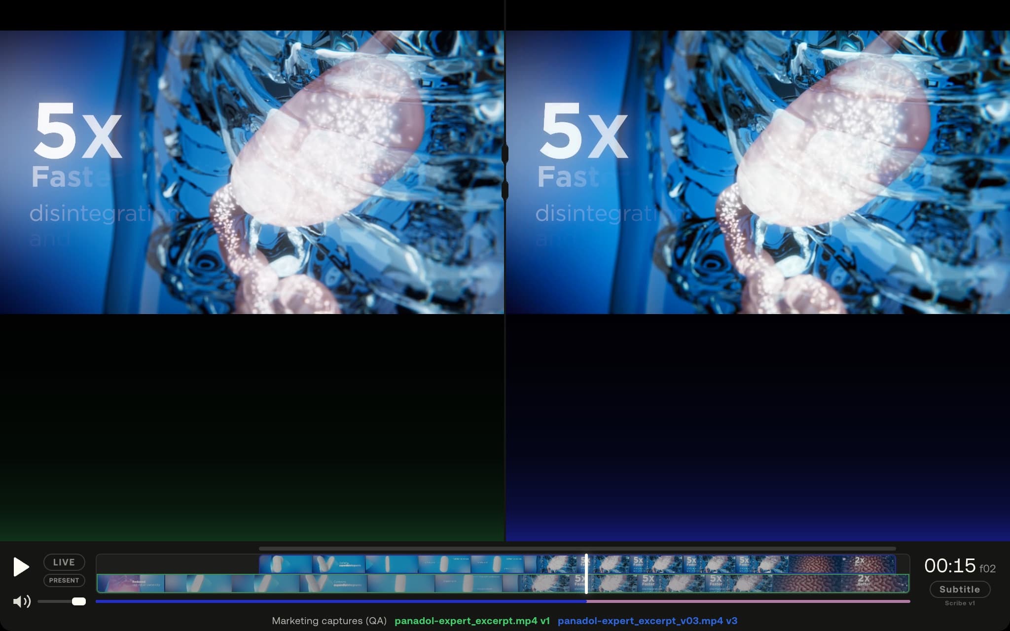 Two videos in compare stepped to the same frame — one clock below, both panes on the same moment